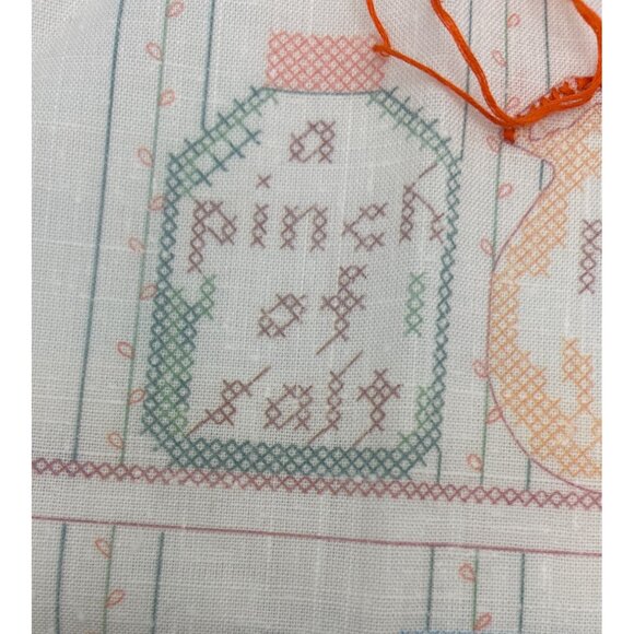 Vintage 1976 Sooz Inc. Cross Stitch "A Pinch Of Salt" Kitchen Decor Started Vtg - Picture 7 of 8